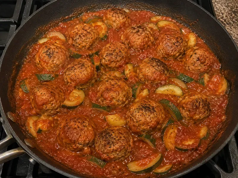 Turkey meatballs and zucchini simmering in marinara sauce in a skillet.