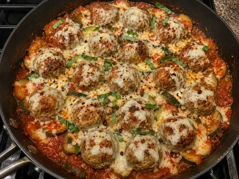 Finished turkey meatball zucchini skillet with marinara sauce, melted mozzarella, basil, and red pepper flakes.
