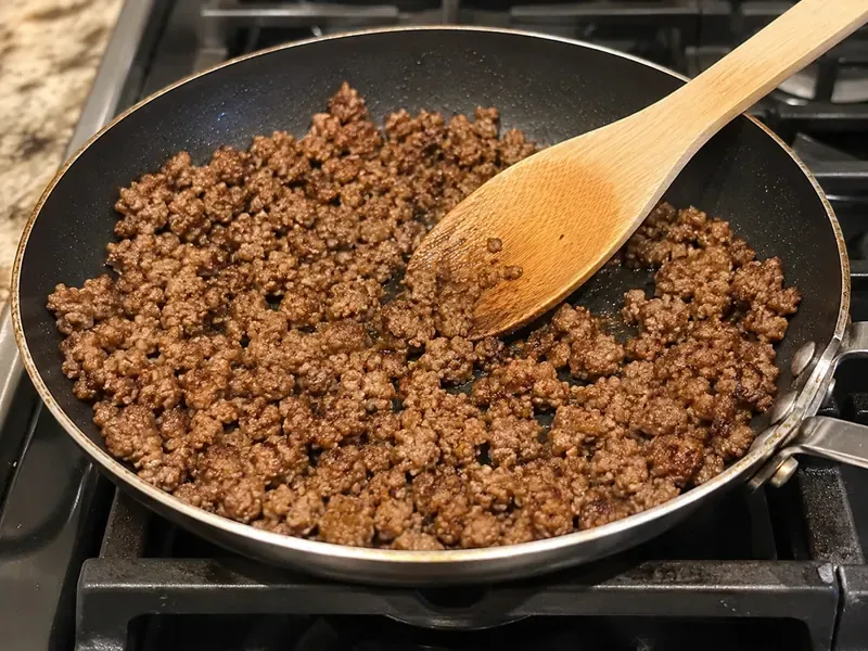 Turkey breakfast sausage cooking in a skillet and broken into browned crumbles.