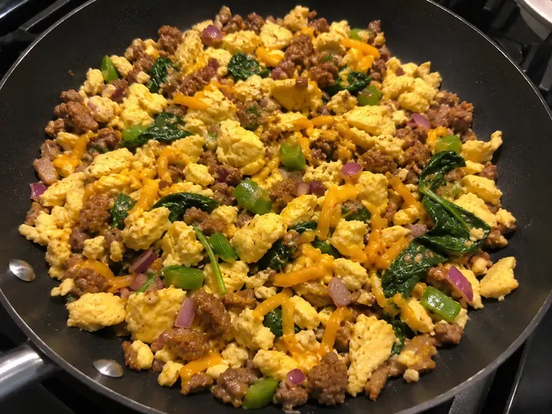 Scrambled eggs cooked with turkey sausage, vegetables, and melted cheddar in a skillet.
