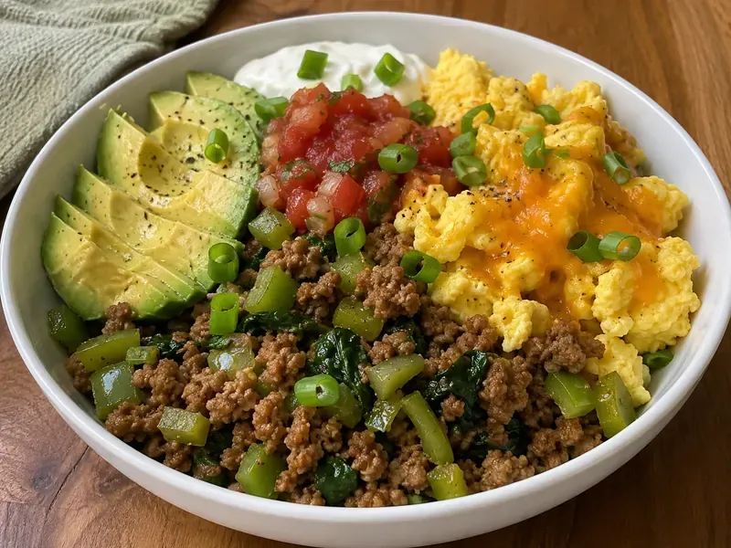 Finished Turkey Sausage Egg Scramble Bowl with avocado, salsa, green onions, and Greek yogurt.