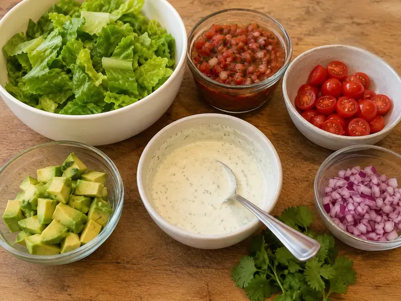 Lime yogurt sauce, lettuce, salsa, tomatoes, avocado, red onion, and cilantro prepared for turkey taco bowls.