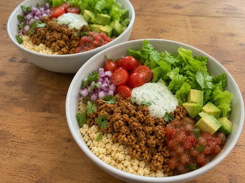Finished turkey taco cauliflower rice bowls with seasoned turkey, cauliflower rice, lettuce, salsa, avocado, and lime yogurt sauce.