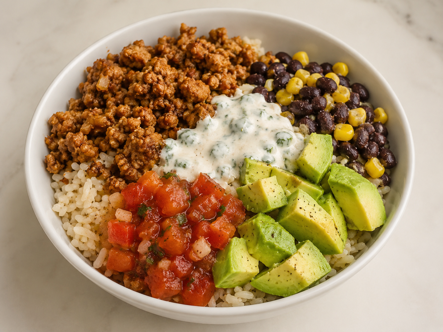 Turkey taco rice bowl with seasoned ground turkey, rice, black beans, corn, avocado, salsa, and lime yogurt sauce.