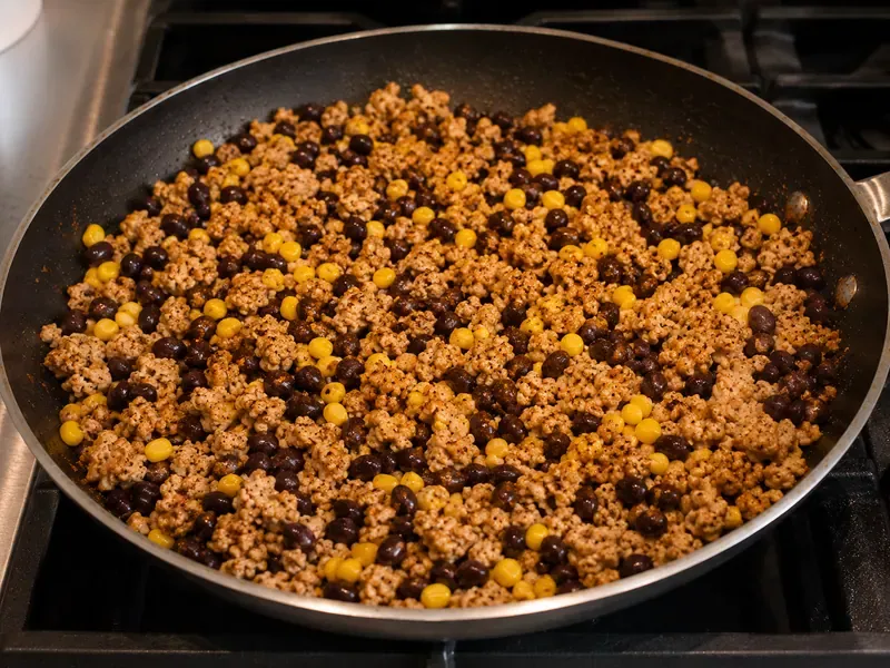 Black beans and corn mixed into seasoned ground turkey in a skillet.