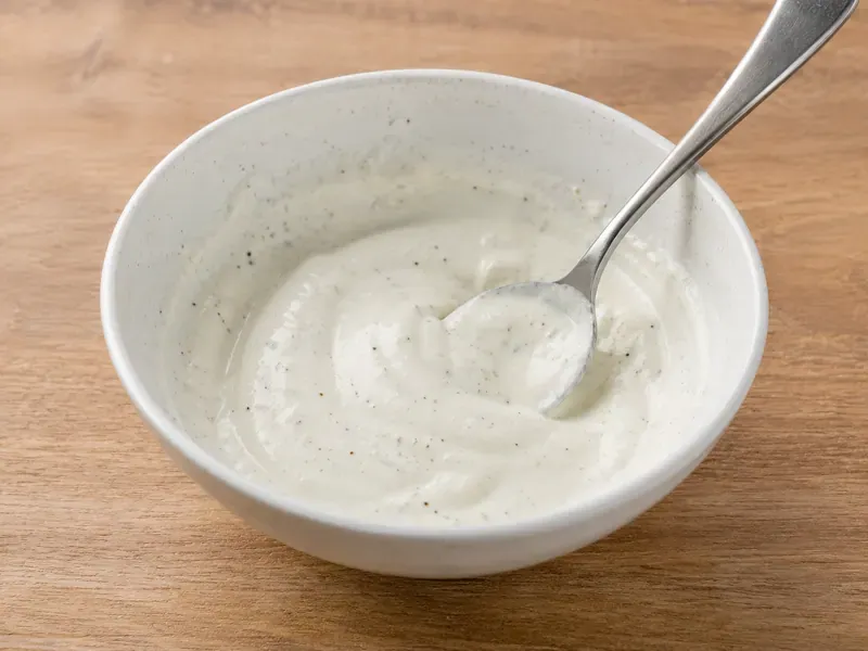 Lime yogurt sauce mixed in a bowl with Greek yogurt, lime juice, garlic powder, salt, and pepper.