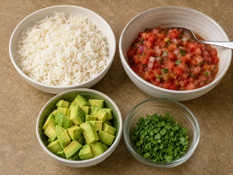 Rice, salsa, avocado, and cilantro prepared for a turkey taco rice bowl.