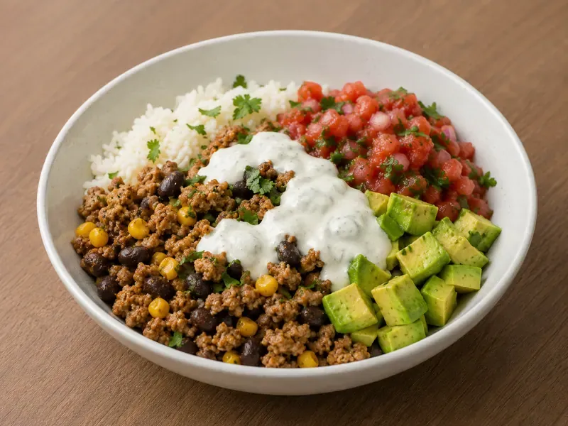 Finished turkey taco rice bowl with rice, seasoned turkey, black beans, corn, salsa, avocado, and lime yogurt sauce.