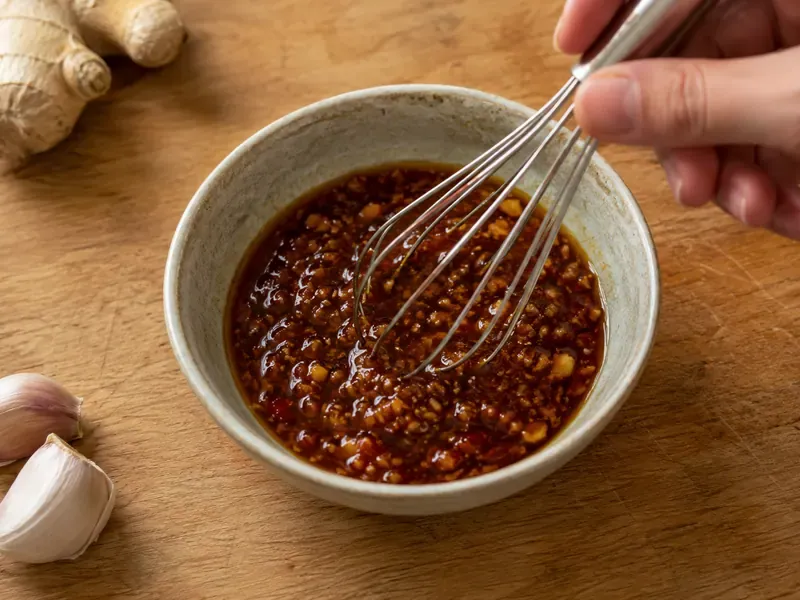 Soy chili sesame dressing mixed with chili crisp, garlic, ginger, honey, and lime juice.