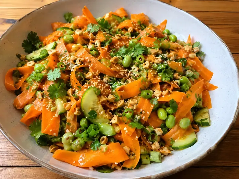 Finished viral carrot ribbon salad served in a bowl with peanuts, sesame seeds, cilantro, and soy chili dressing.